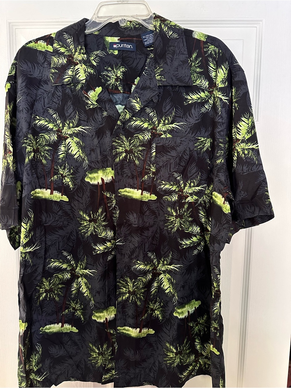 Puritan Black Short-Sleeve Hawaiian Shirt with Lime Green Palm Print